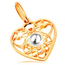 Pandantiv din aur galben 585 - inimă decorată cu contururi de inimi și o perlă albă