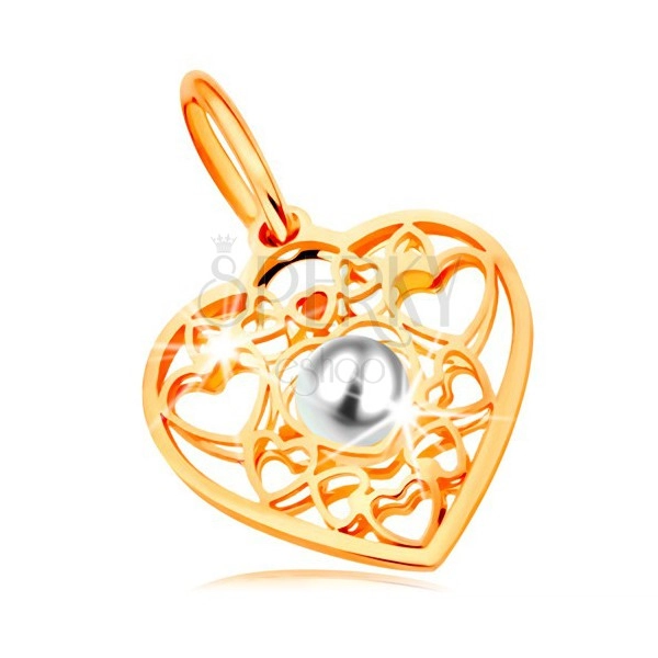 Pandantiv din aur galben 585 - inimă decorată cu contururi de inimi și o perlă albă
