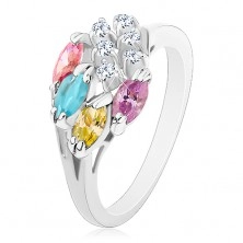 Inel decorat cu zirconii rotunde, transparente și boabe multicolore