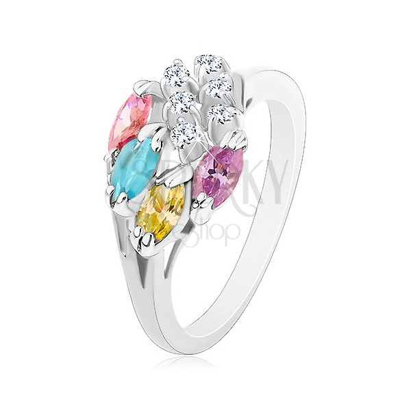 Inel decorat cu zirconii rotunde, transparente și boabe multicolore