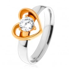 Inel din oțel - bicolor, contur subțire de inimă, zirconiu rotund, transparent