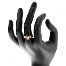 Inel din oțel - bicolor, contur subțire de inimă, zirconiu rotund, transparent