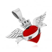 Pandantiv din argint 925, inimă roșie cu panglică, coroană și aripi