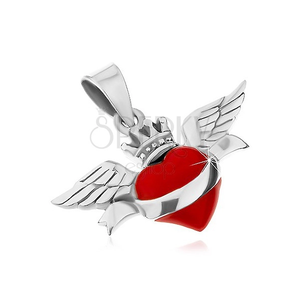 Pandantiv din argint 925, inimă roșie cu panglică, coroană și aripi