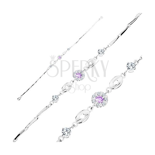 Brățară din argint 925, floare din zirconii violet și transparente, ovaluri lucioase, zirconii transparente