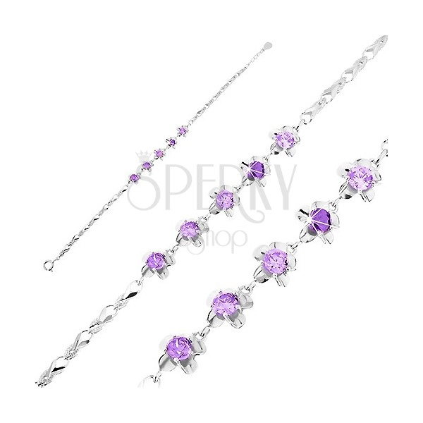 Brățară din argint 925, zale lucioase tip buclă, flori cu zirconii violet