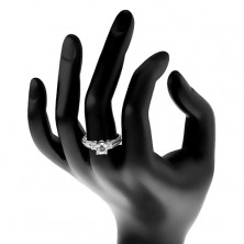 Inel de logodnă, argint 925, brațe strălucitoare cu linii subțiri, zirconiu transparent