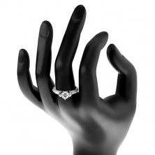 Inel din argint 925, zirconiu rotund transparent în montură decorativă, brațe strălucitoare