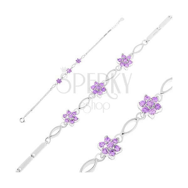 Brățară din argint 925, zale lucioase dreptunghiulare, bobițe și flori din zirconii violet