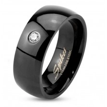 Inel realizat din oțel 316L de culoare neagră, brațe lucioase proeminente, zirconiu transparent, 8 mm