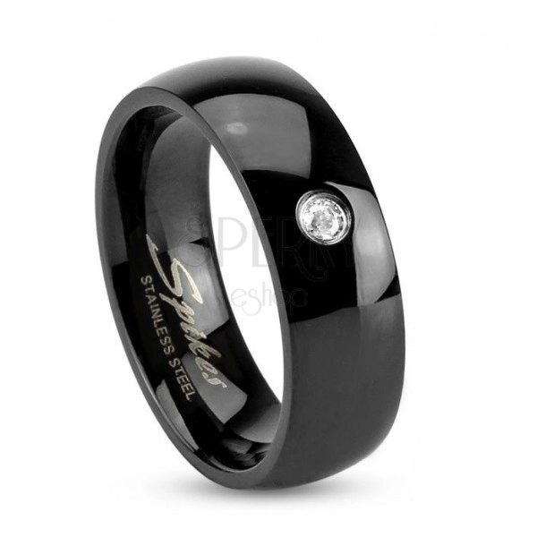 Inel negru din oțel, brațe lucioase rotunjite, zirconii transparente, 6 mm
