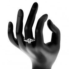 Inel de logodnă, argint 925, zirconiu transparent și brațe strălucitoare, frunze