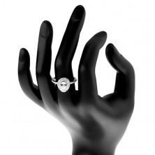 Inel de logodnă argint 925, lacrimă șlefuită transparentă în contur dublu