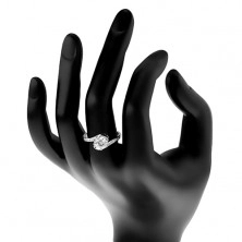 Inel din argint 925, brațe lucioase cu capete îndoite, zirconiu rotund transparent