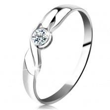 Inel din aur alb 14K - diamant rotund transparent, ondulație, brațe lucioase