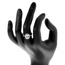 Inel din argint 925 - de logodnă, zirconiu mare oval, transparent, în montură, margine transparentă