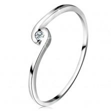 Inel din aur alb 14K - diamant rotund transparent între brațe curbate