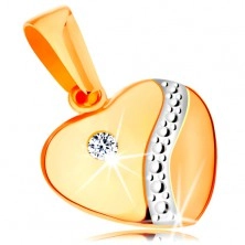 Pandantiv din aur de 14K - inimă simetrică proeminentă cu zirconiu și val de aur alb