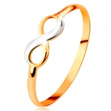 Inel din aur 585 - simbolul infinitului bicolor, lucios, brațe netede înguste