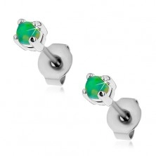 Cercei cu șurub din oțel, opal sintetic rotund de culoare verde, 3 mm