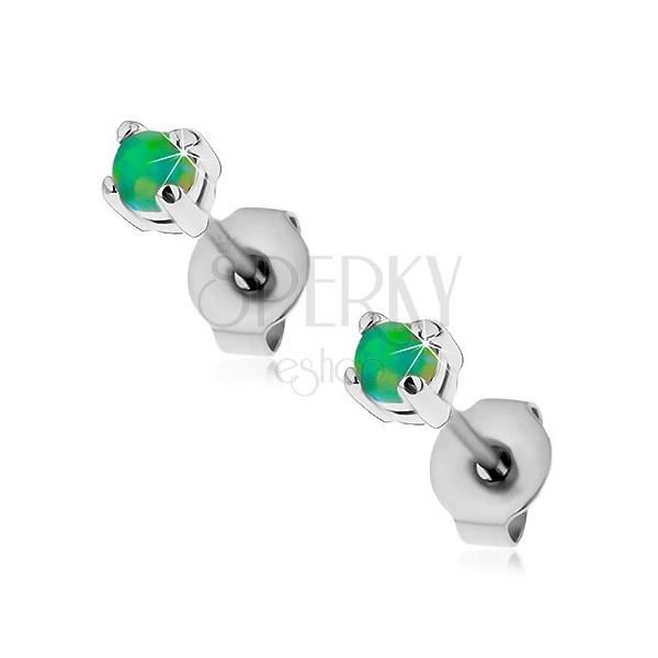 Cercei cu șurub din oțel, opal sintetic rotund de culoare verde, 3 mm