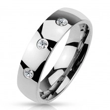 Inel din oțel în culoare argintie, suprafață netedă strălucitoare, trei zirconii transparente, 6 mm