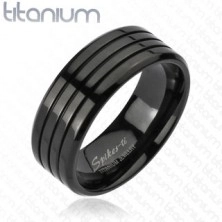 Inel negru din titan cu trei adâncituri fine, luciu intens, 8 mm