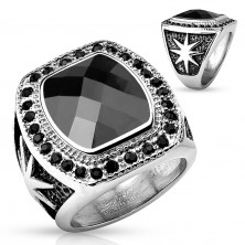 Inel masiv din oțel, de culoare argintie, piatră mare neagră și zirconii rotunde