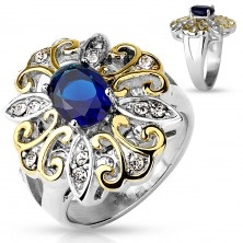 Inel masiv din oțel 316L, floare mare, bicoloră, zirconiu oval, albastru închis
