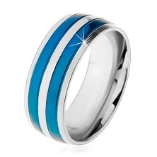 Inel-verighetă din oțel, în două culori, linii fine albastre și argintii, crestături, 8 mm