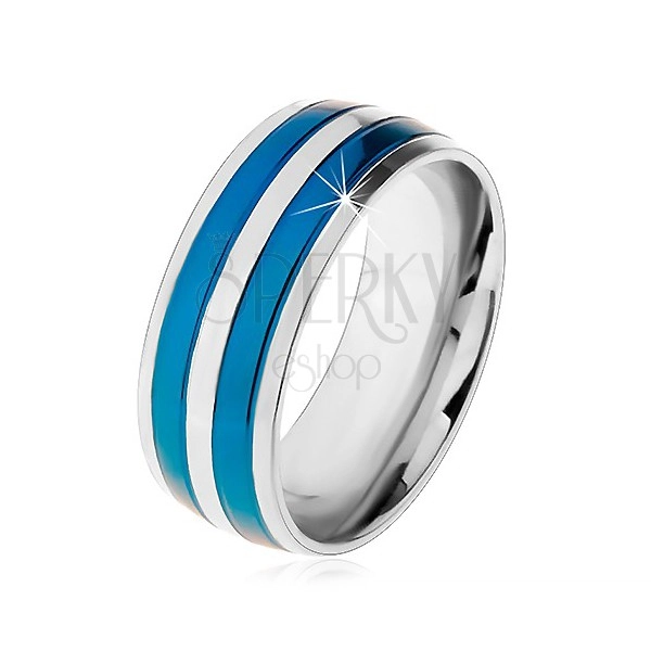 Inel-verighetă din oțel, în două culori, linii fine albastre și argintii, crestături, 8 mm
