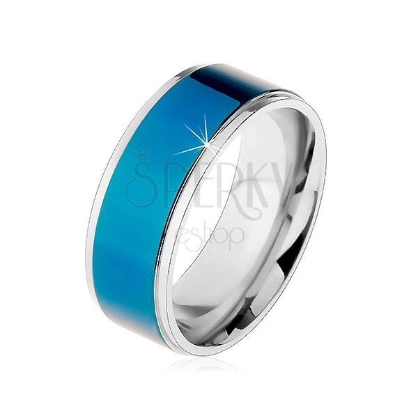 Inel din oțel, bandă culoare albastru-închis, margini argintii, luciu intens, 8 mm