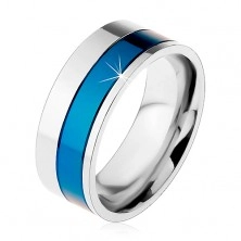 Inel realizat din oțel chirurgical, benzi de culoare albastru și argintiu, 8 mm