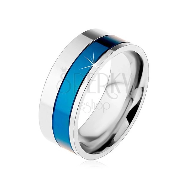 Inel realizat din oțel chirurgical, benzi de culoare albastru și argintiu, 8 mm