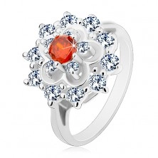 Inel de culoare argintie, floare mare transparentă cu centru portocaliu