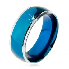 Inel realizat din oțel chirurgical, bandă albastră rotunjită, margini de culoare argintie, 8 mm