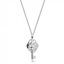 Colier din argint 925, lanț, inimă în formă de lacăt și cheie, strasuri transparente