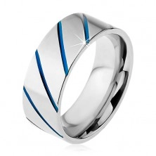 Inel realizat din oțel 316L de culoare argintie, linii diagonale albastre, 8 mm