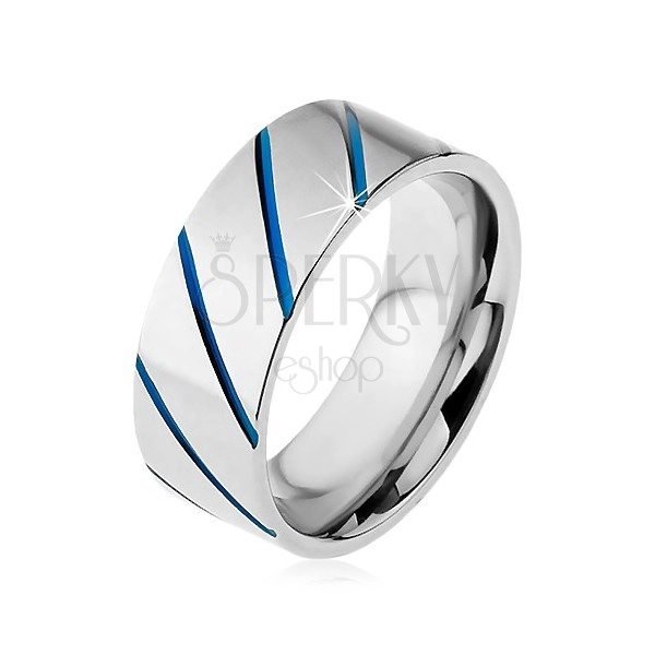 Inel realizat din oțel 316L de culoare argintie, linii diagonale albastre, 8 mm