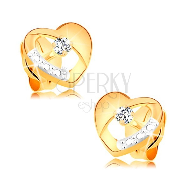 Cercei din aur 14K - inimă simetrică, bicoloră cu decupaj și zirconiu transparent