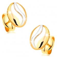 Cercei în două culori din aur 14K - contur oval cu ondulație din aur alb