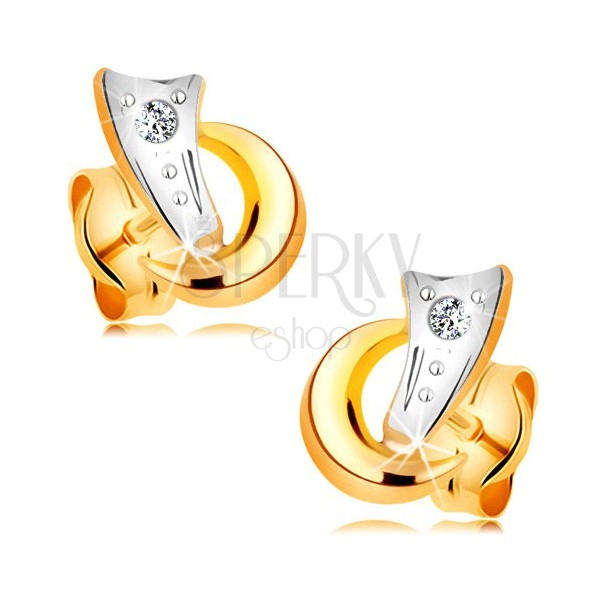 Cercei din combinaţie aur 14K - două arce şi un diamant strălucitor şi transparent
