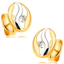Cercei cu diamant din aur 14K - contur oval cu ondulaţie din aur alb, diamant sclipitor