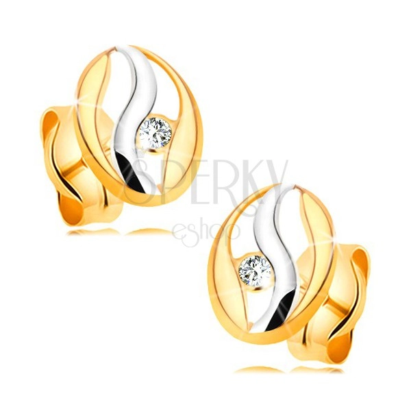 Cercei cu diamant din aur 14K - contur oval cu ondulaţie din aur alb, diamant sclipitor
