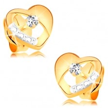 Cercei din aur 14K - inimă simetrică, bicoloră cu decupaj și diamant transparent