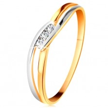 Inel din aur 14K, trei diamante transparente, brațe despicate și ondulate