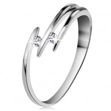 Inel din aur alb 14K - două diamante strălucitoare transparente, brațe din linii subțiri