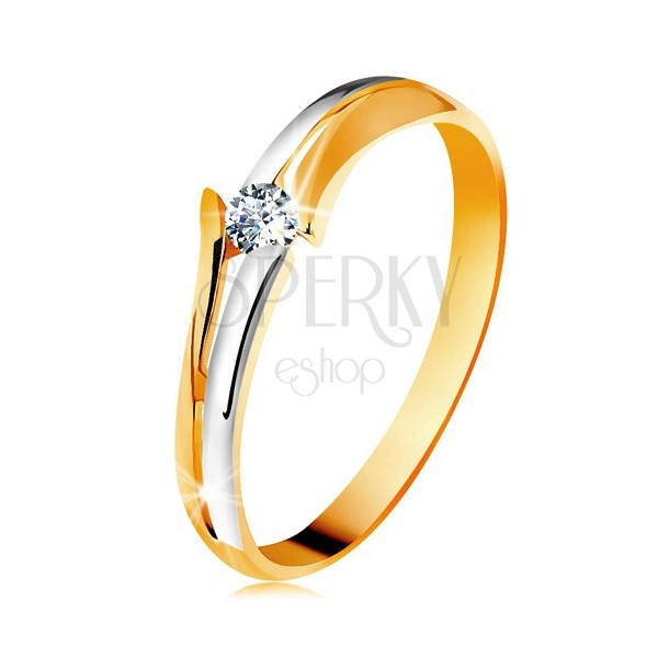 Inel cu diamant din aur 585, diamant strălucitor transparent, brațe despicate bicolore