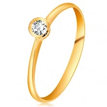 Inel din aur galben 14K - diamant transparent în montură lucioasă, brațe înguste