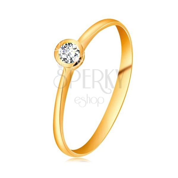 Inel din aur galben 14K - diamant transparent în montură lucioasă, brațe înguste